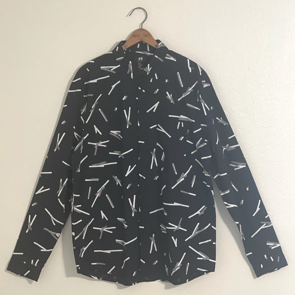 H&M - Men’s Geometric Print Button Up - Black Grey White - 100% Cotton - Size XL